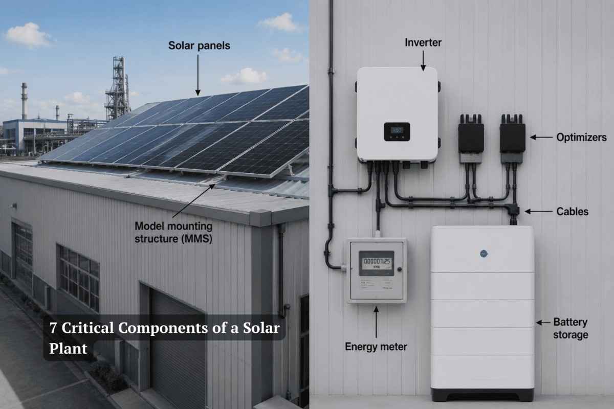Industrial rooftop solar power plant showing solar panels, inverter, mounting structure (MMS), optimizers, cables, energy meter, and battery storage system.