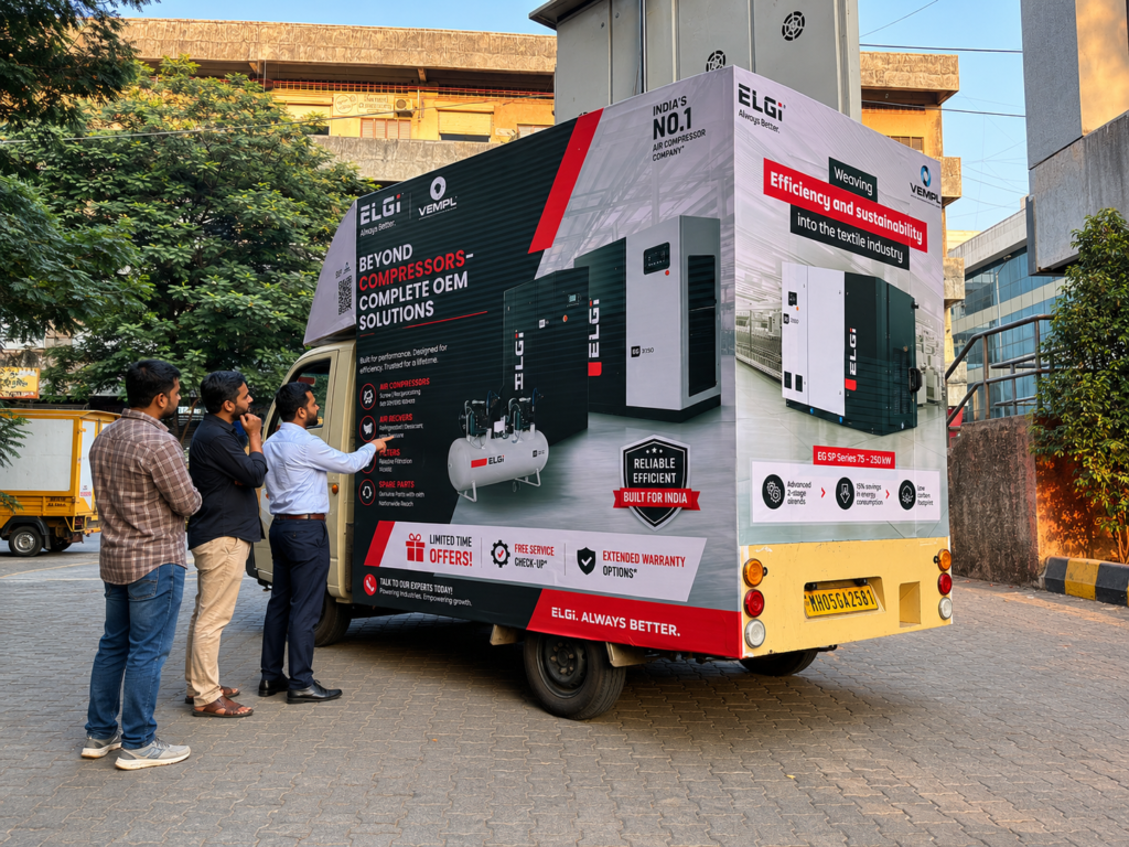 Display van based outdoor customer outreach campaign by VEMPL and ELGi Air Compressors at Asmeeta Textile Park, Bhiwandi engaging with textile and industrial customers.