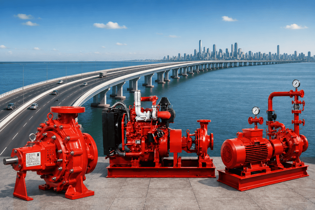 Fire pump supply and testing for Atal Setu (Mumbai Trans Harbour Link) Package 04 by VEMPL, featuring Kirloskar firefighting pumps installed for critical fire protection infrastructure on India's longest sea bridge.