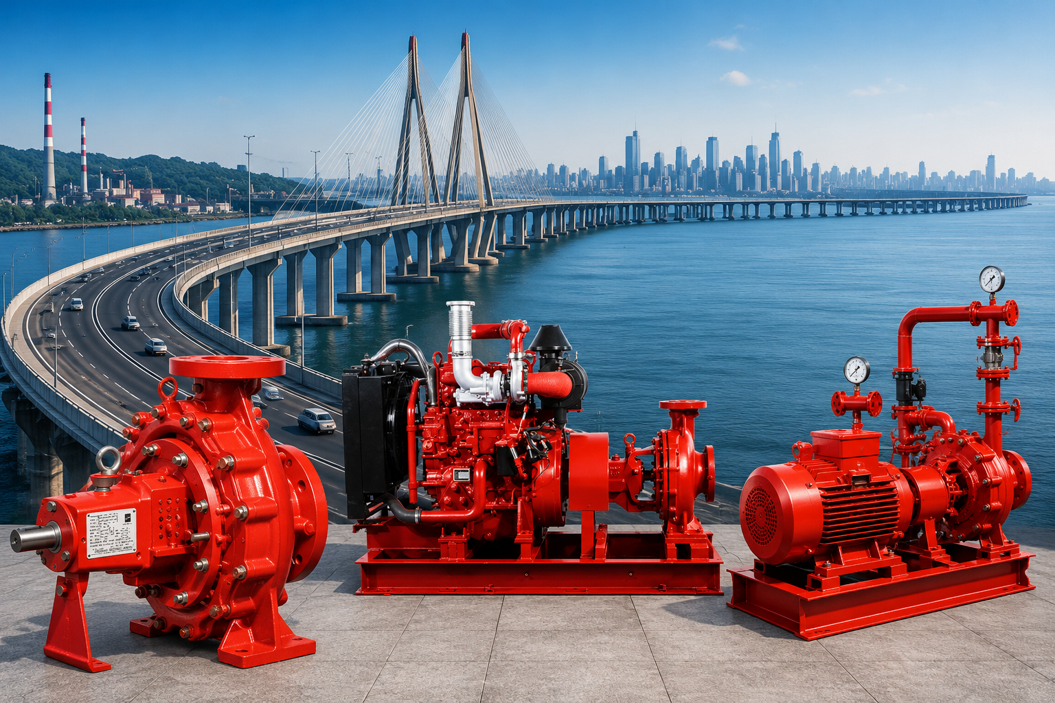Fire pump supply and testing for Atal Setu (Mumbai Trans Harbour Link) Package 04 by VEMPL, featuring Kirloskar firefighting pumps installed for critical fire protection infrastructure on India's longest sea bridge.