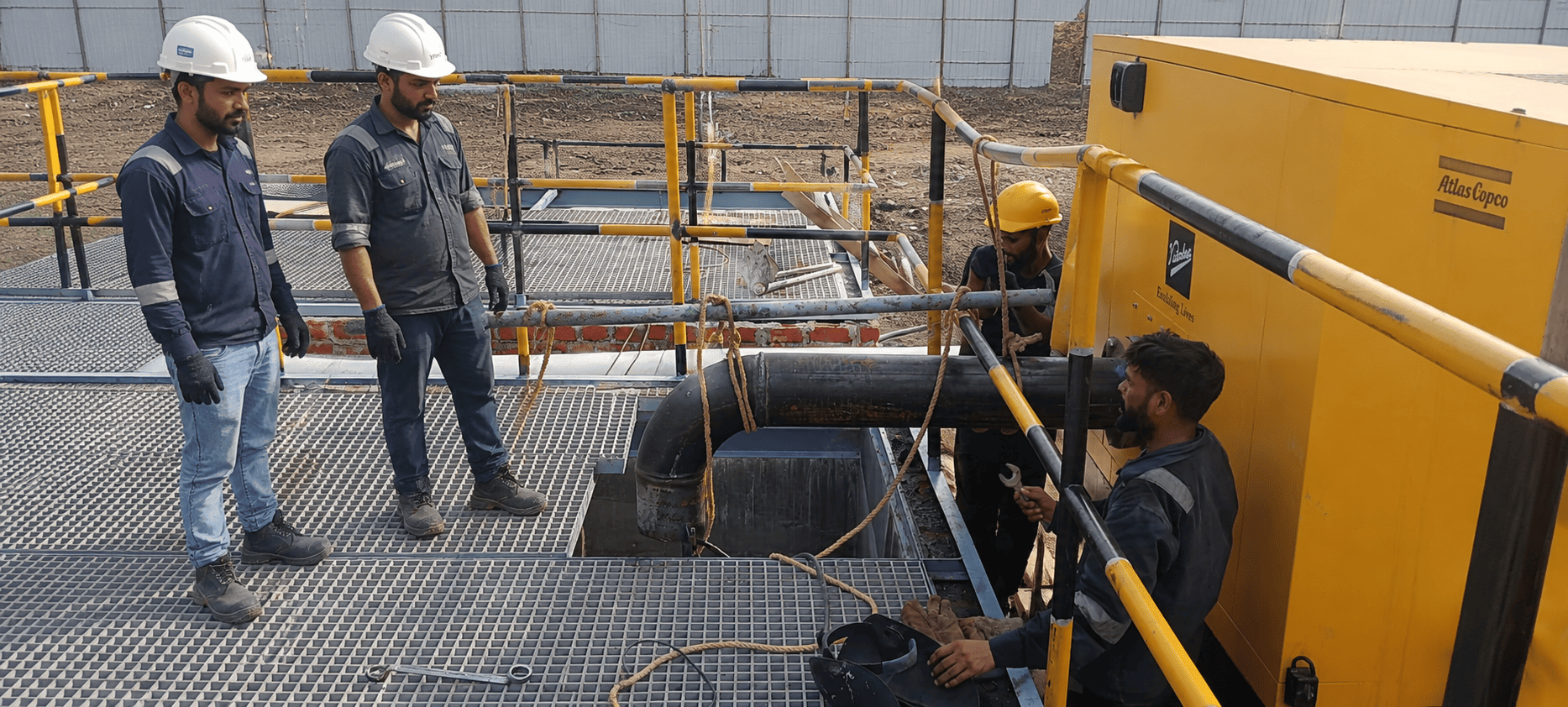 VEMPL engineers connecting discharge piping to a Kirloskar Diesel-Driven AutoPrime Dewatering Pump.