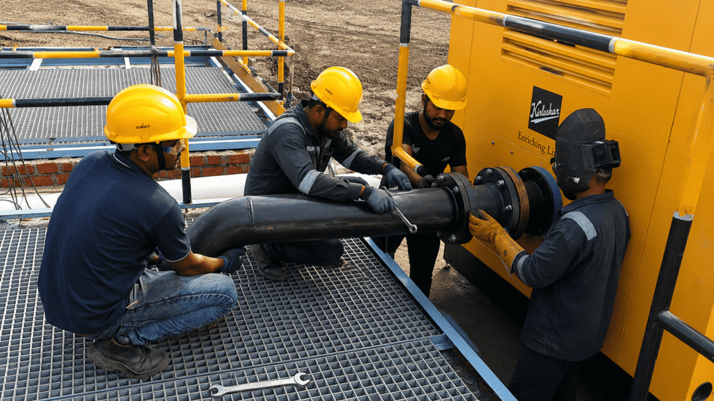 VEMPL engineers deploying a Kirloskar Diesel-Driven AutoPrime Dewatering Pump at the Kellogg's project site.