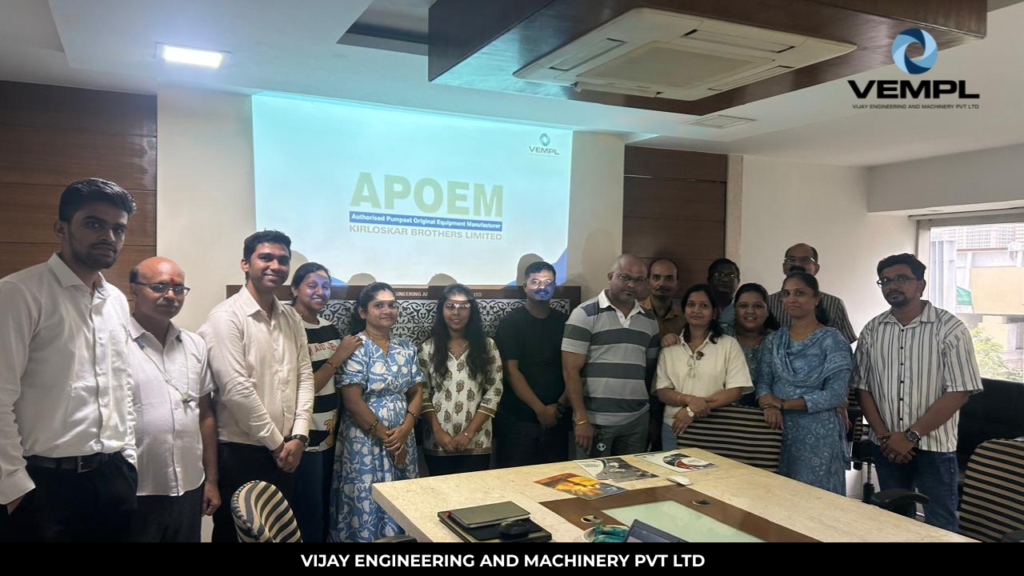 VEMPL conducting a Fire Pump Knowledge Sharing Session for Crossfire Safety Systems Pvt. Ltd. on fire pump selection, fire protection systems, and APOEM capabilities.