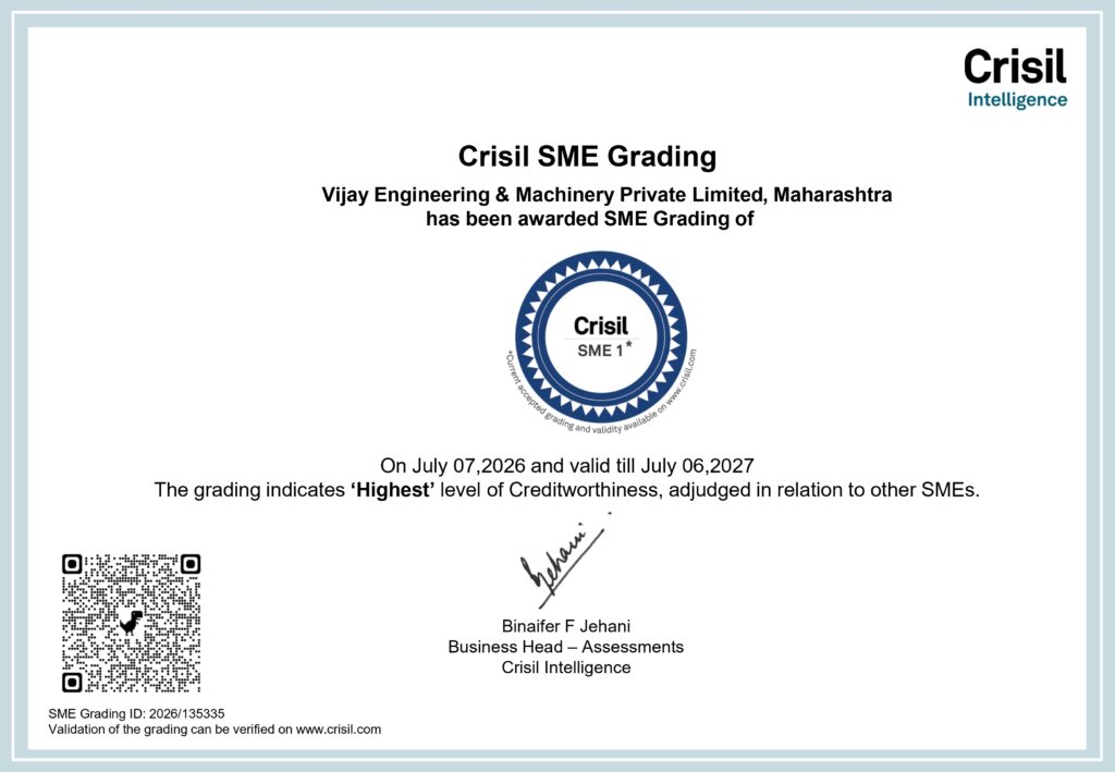 CRISIL SME Grading certificate awarded to Vijay Engineering & Machinery Pvt. Ltd., recognizing the company for achieving the highest level of creditworthiness among SMEs for 2026–2027.