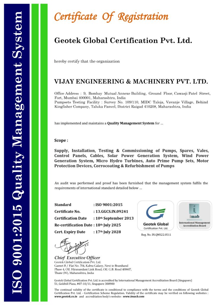 ISO 9001:2015 Quality Management System certificate awarded to Vijay Engineering & Machinery Pvt. Ltd., valid until 17 July 2028.